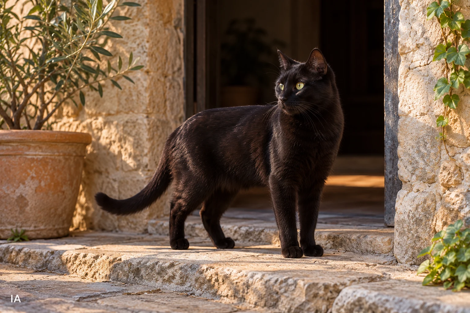 Un gato negro completo sobre un umbral de piedra, entre la sombra de una puerta y la luz cálida de un patio. Fotografía generada con IA, con marca IA en la esquina inferior izquierda.